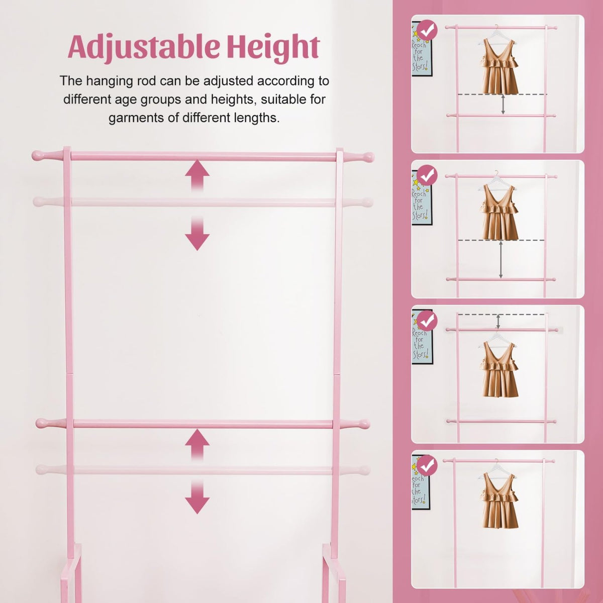 Kids Bamboo Clothing Rack with 2 Storage Baskets and Adjustable Rods-Pink-20-Homde