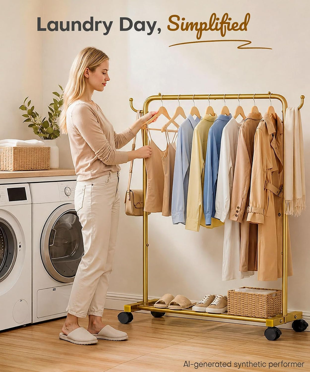 Homde Heavy Duty Clothes Rack with Wheels, Hooks and Bottom Shelf