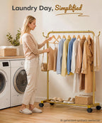 Homde Heavy Duty Clothes Rack with Wheels, Hooks and Bottom Shelf