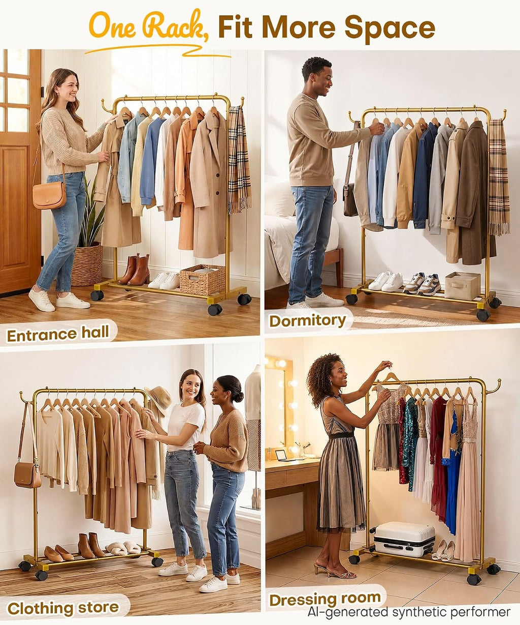 Homde Heavy Duty Clothes Rack with Wheels, Hooks and Bottom Shelf