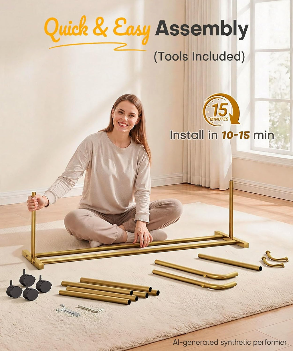 Homde Heavy Duty Clothes Rack with Wheels, Hooks and Bottom Shelf