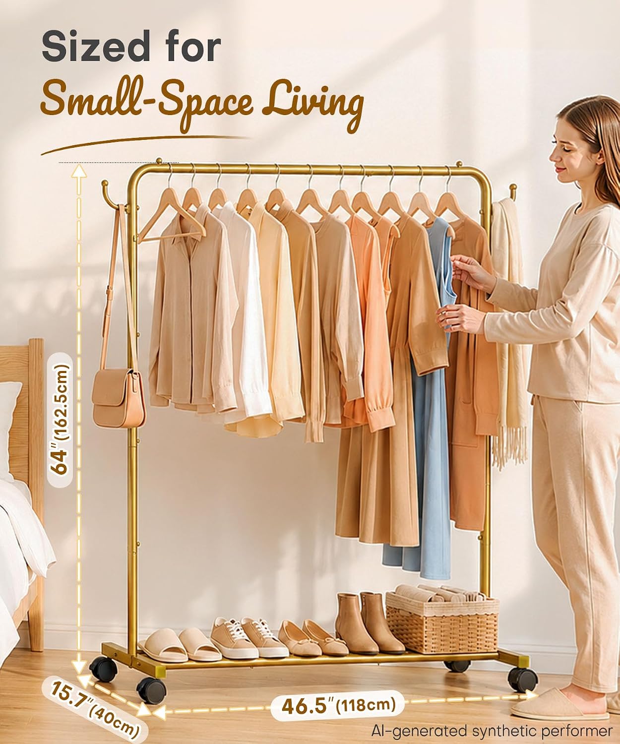 Homde Heavy Duty Clothes Rack with Wheels, Hooks and Bottom Shelf