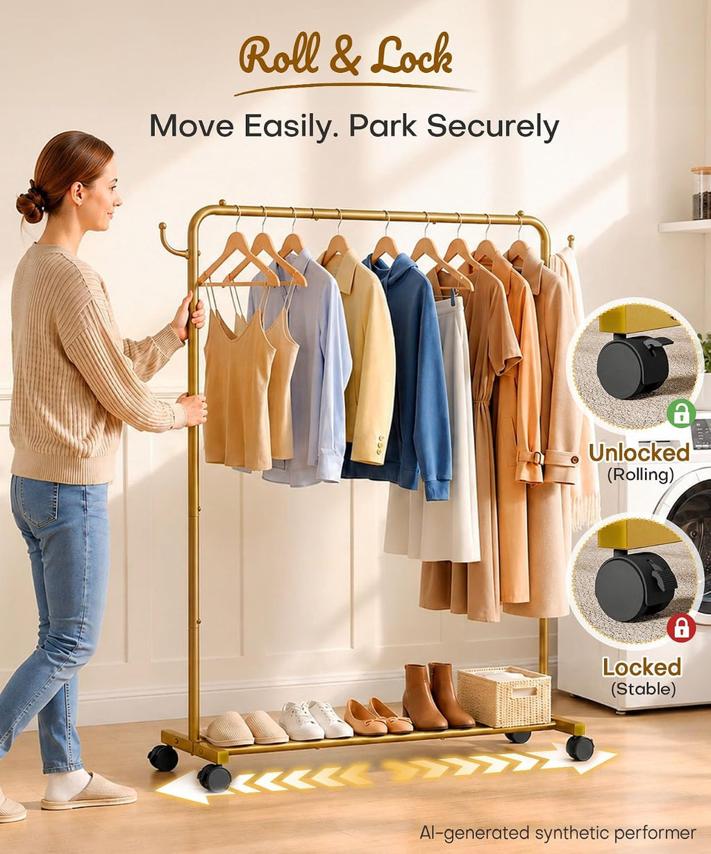 Homde Heavy Duty Clothes Rack with Wheels, Hooks and Bottom Shelf