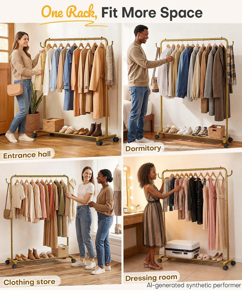 Homde Heavy Duty Clothes Rack with Wheels, Hooks and Bottom Shelf