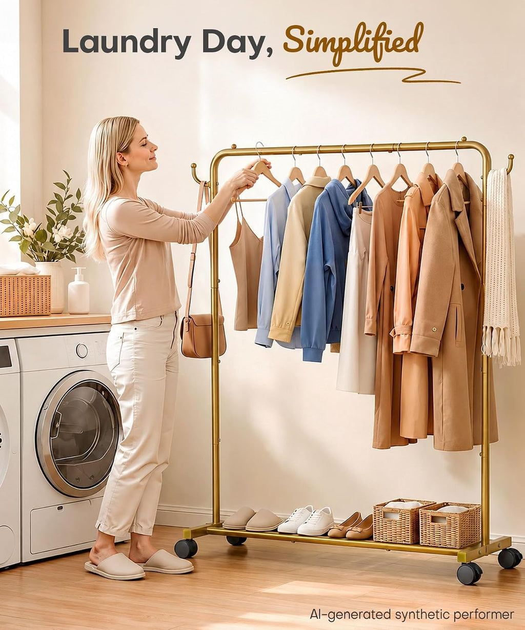 Homde Heavy Duty Clothes Rack with Wheels, Hooks and Bottom Shelf
