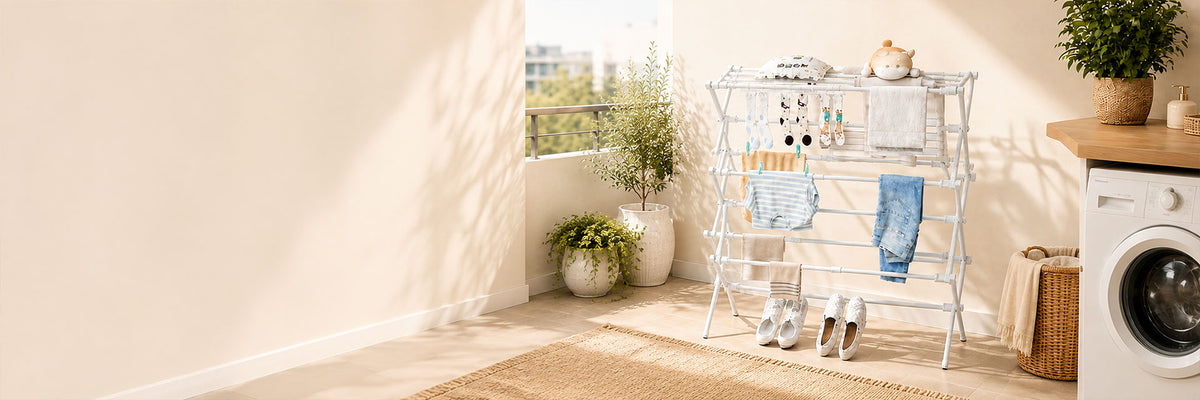 A white metal clothes drying rack styled in a bright, modern laundry room corner next to a washing machine, with towels, shoes, and plants.