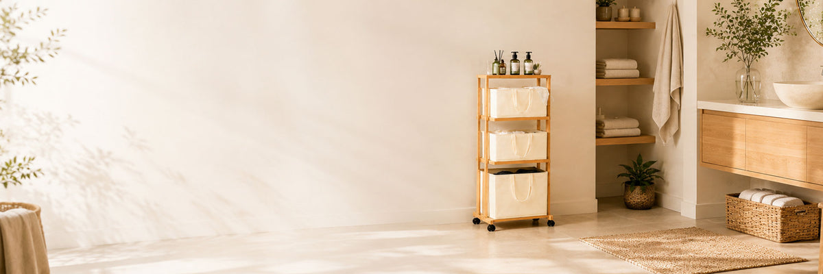 A light wood three-tier rolling storage cart with cream fabric bins stands in a bright, minimalist bathroom or spa-like interior next to a wooden vanity and shelving.