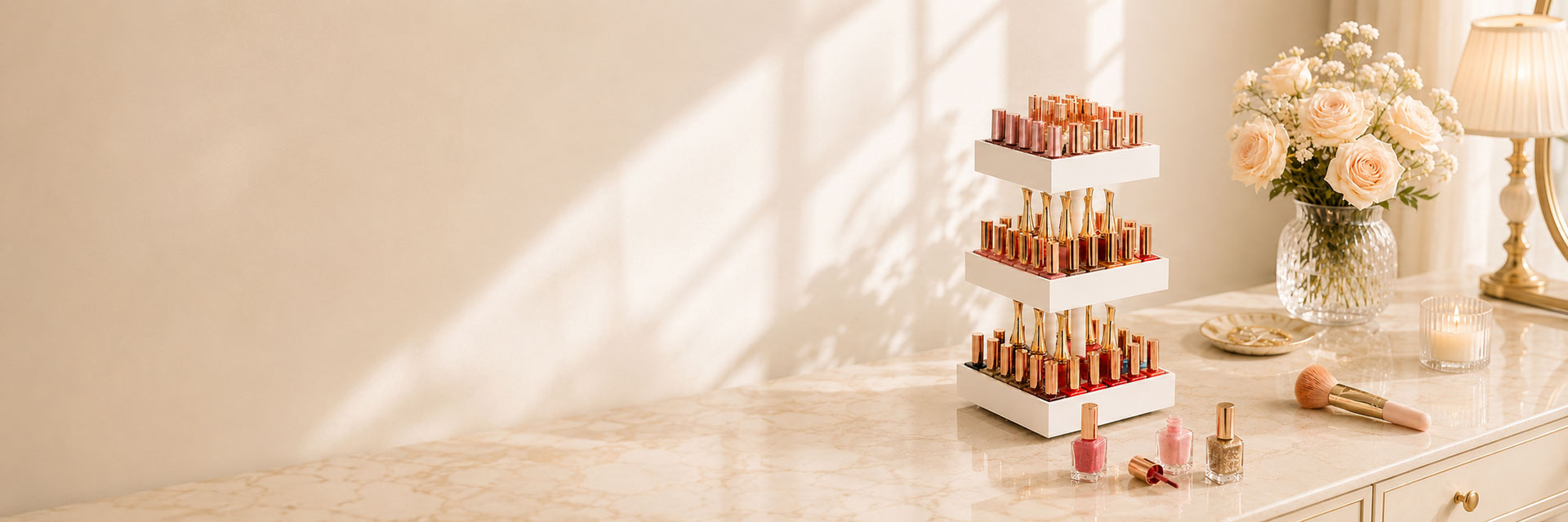 A white three-tier lipstick display stand filled with lipsticks, styled on a marble vanity table next to a vase of roses and a lamp.