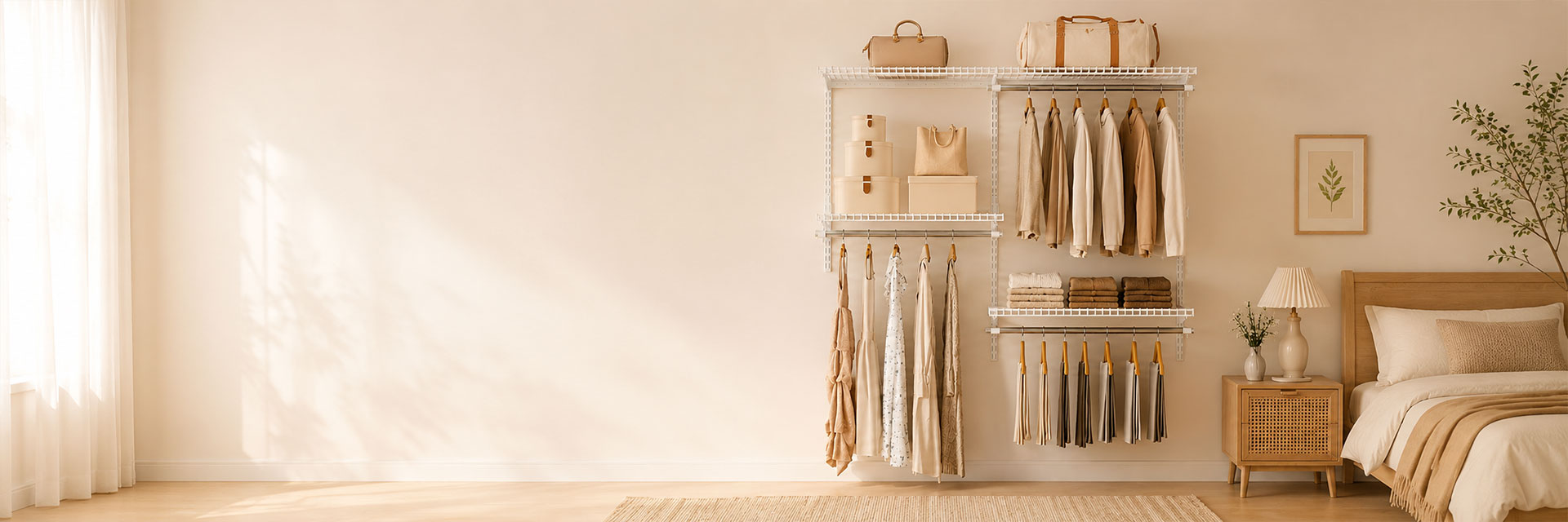 A wall-mounted modular clothing organizer rack in a warm beige bedroom setting, styled with neutral-colored garments, accessories, and baskets. The rack is mounted on a cream-colored wall next to a wooden bed and bedside table.