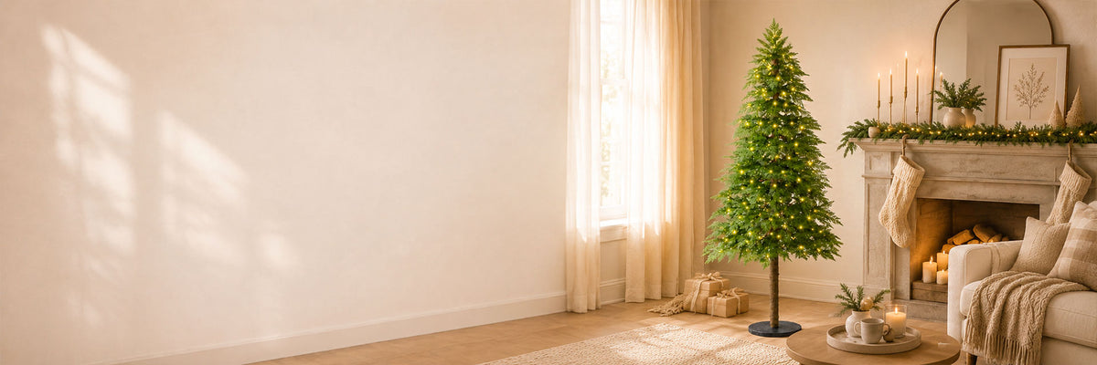 A tall, green artificial Christmas tree with white lights stands in a cozy, sunlit living room next to a fireplace with a mantel, candles, and stockings.