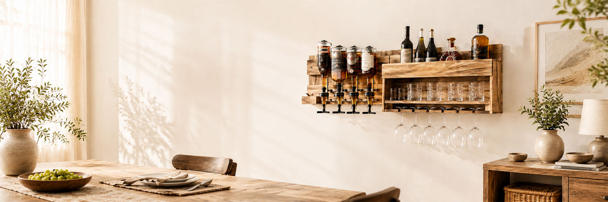 A wall-mounted wooden wine rack with bottles, glasses, and a wine cooler, shown in a warm, sunlit dining room setting.