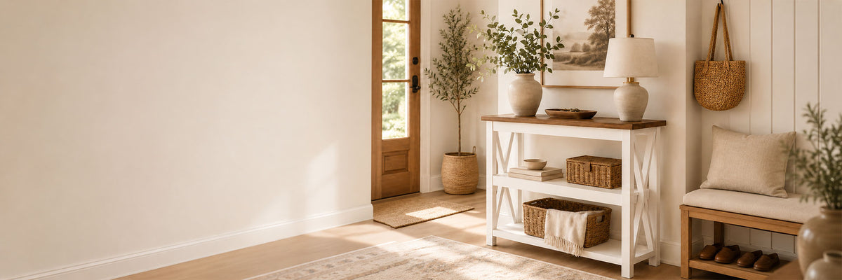 A styled entryway scene with a white console table holding ceramic vases, a lamp, baskets, and framed art, next to a bench with a woven bag and plants in a bright interior.
