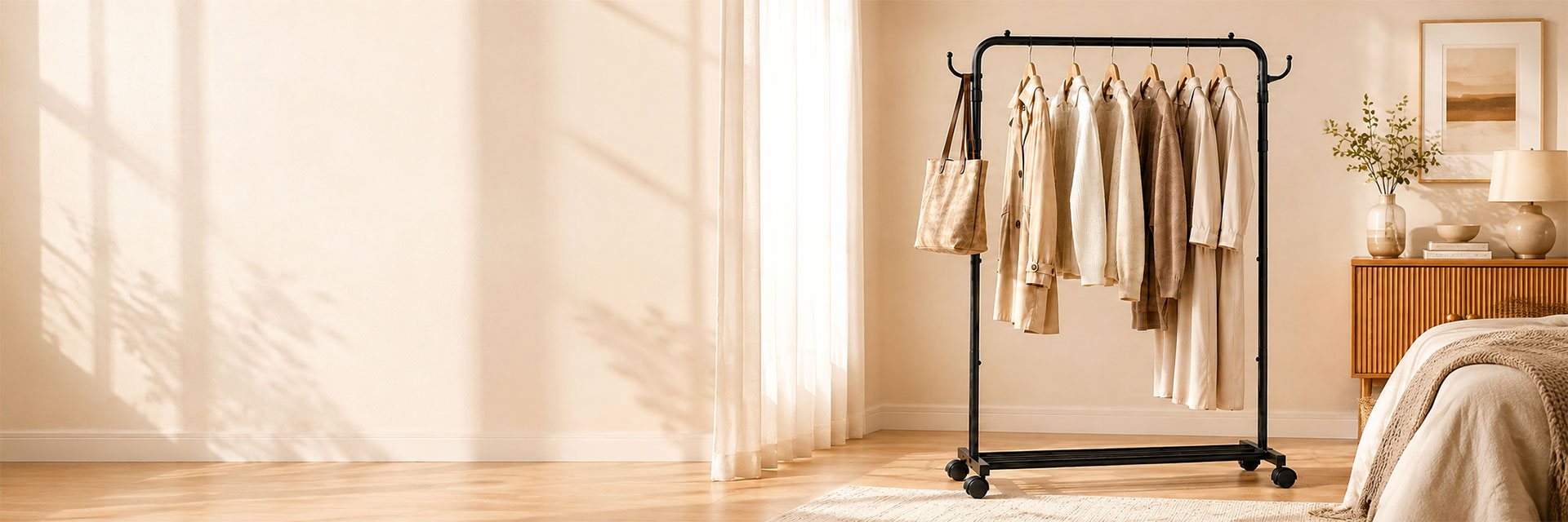 A black metal rolling clothes rack with two hangers stands in a sunlit bedroom. Several neutral-toned garments are hanging on the rack, along with a small shoulder bag.