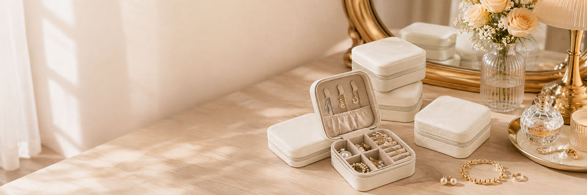 A set of cream-colored square jewelry boxes, with one open box displaying rings and necklaces, arranged on a light wooden vanity table next to a gold-framed mirror and flowers.