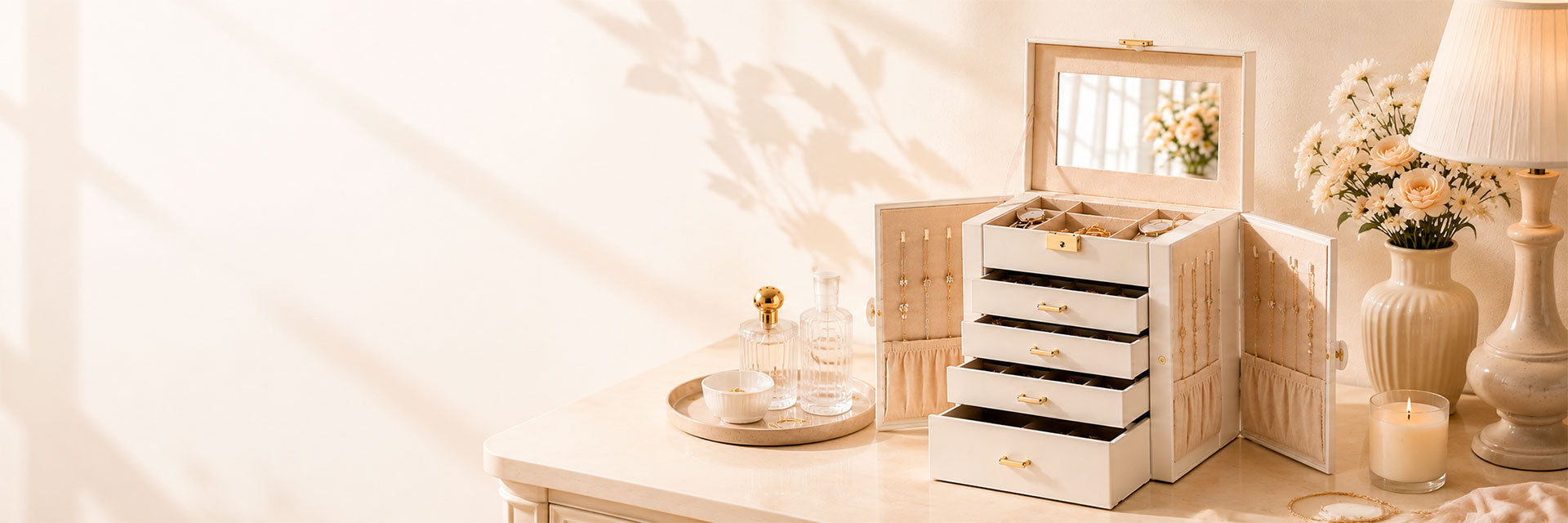A white wooden jewelry organizer with multiple drawers and an open mirror, styled on a light-colored table next to a lamp and flowers in a warm, sunlit room.
