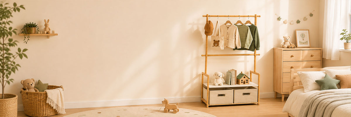 A styled children's bedroom interior with a wooden clothing rack holding baby clothes, a matching storage cabinet, a bed, shelves, toys, and a plant in a warm neutral room.