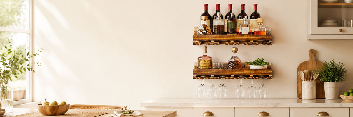 Two rustic wooden floating shelves mounted on a cream kitchen wall, styled with wine bottles, glasses, jars, and small green plants. The scene is brightly lit by natural light from a window on the left.