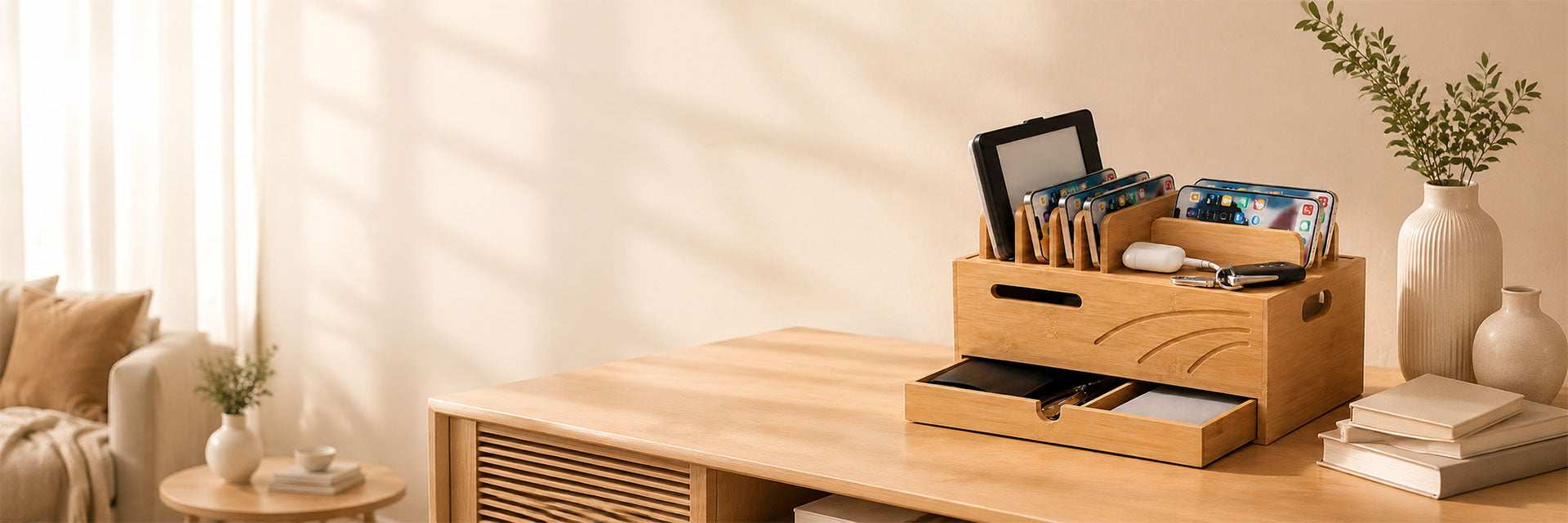 A light natural wood desktop organizer with a top tray and pull-out drawer, styled on a wooden desk in a warm, sunlit home office setting.