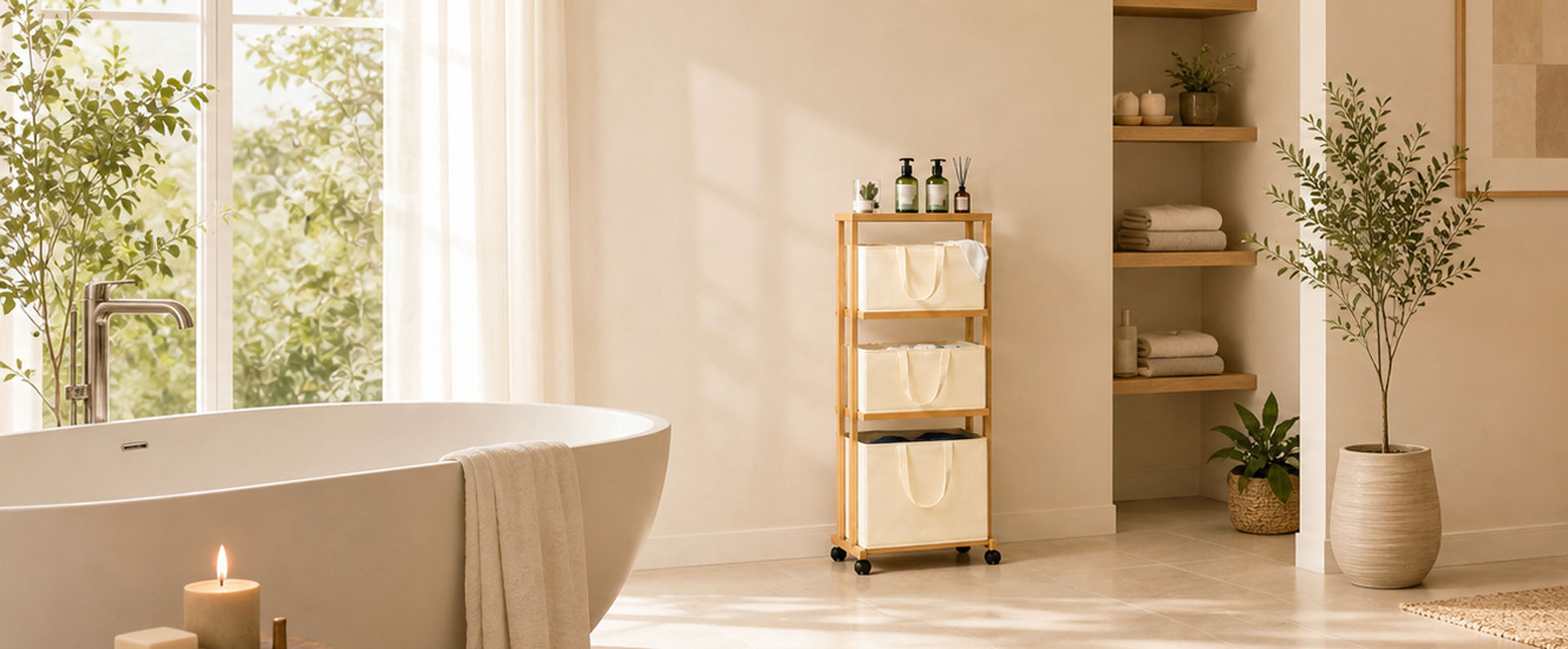 Bright minimalist bathroom interior featuring a freestanding bathtub, bamboo storage cart with fabric drawers, open wooden shelves, folded towels, and indoor plants. Natural sunlight, neutral tones, and warm textures create a clean and relaxing spa-inspired home atmosphere.