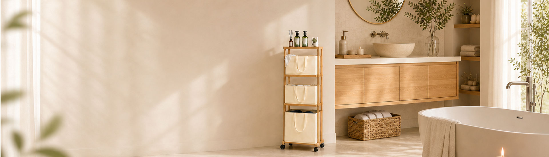 Minimalist bathroom interior with a bamboo storage cart featuring fabric drawers, a modern vanity, freestanding bathtub, woven basket, and indoor plants. Soft natural light, warm neutral colors, and clean organized details create a calm spa-inspired home setting.