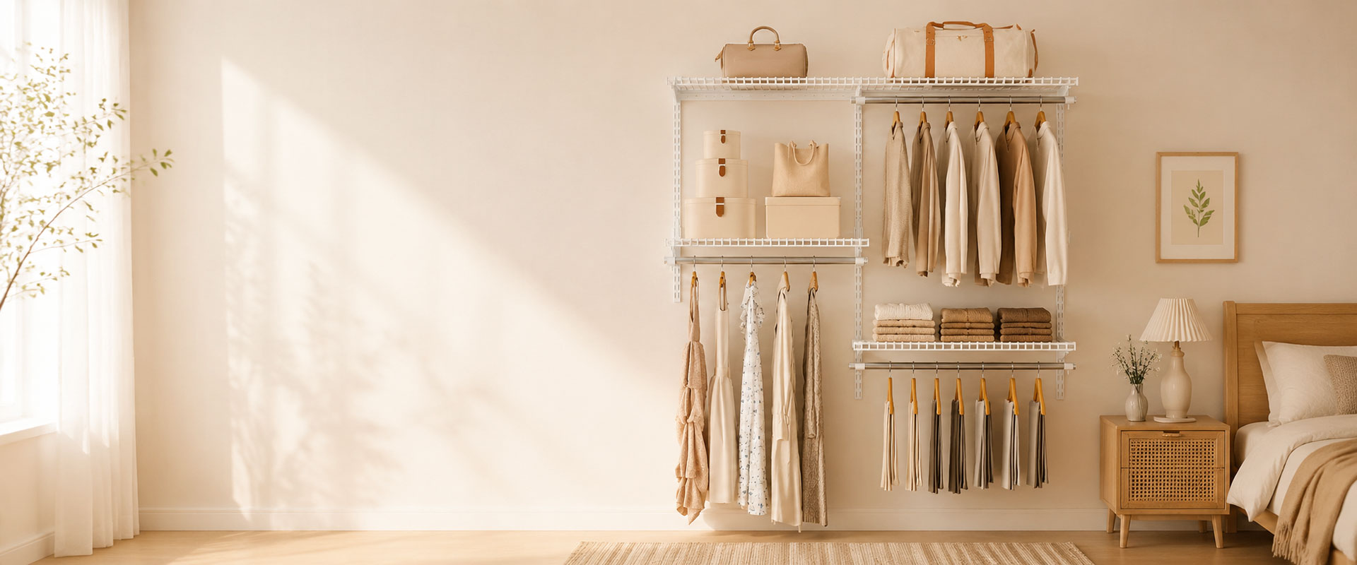 A wall-mounted white clothing organizer rack styled in a warm, minimalist bedroom. The rack features multiple shelves and hanging rods filled with neutral-toned clothing, folded garments, and small accessories.