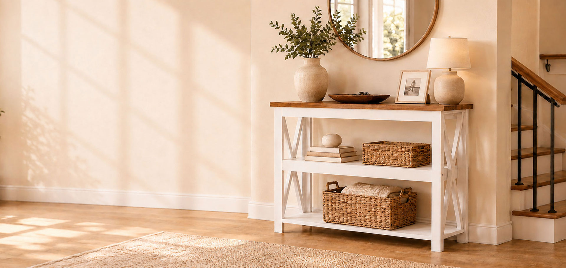 Warm minimalist entryway featuring a white console table with wooden top, woven storage baskets, decorative vase, lamp, framed artwork, and round mirror. Natural sunlight fills the organized home space with neutral tones, cozy textures, and modern farmhouse style.