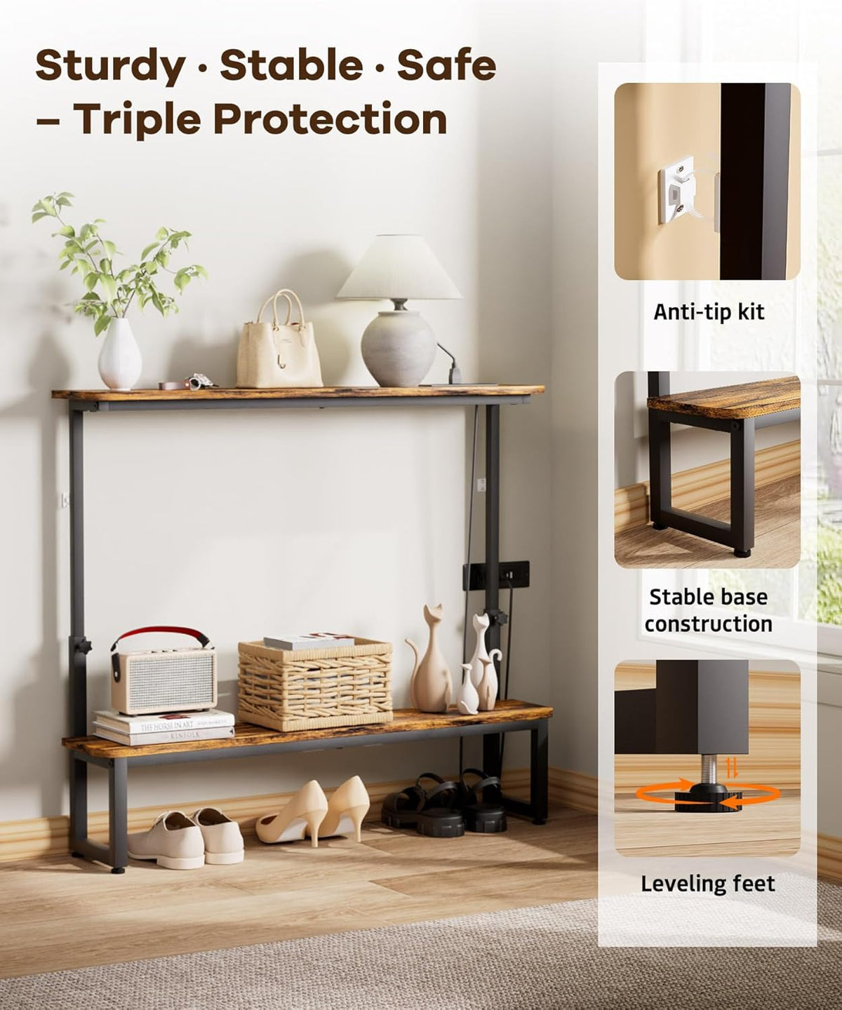 Homde 2-Tier Narrow Console Table with Outlets and Adjustable Height - 9-Homde