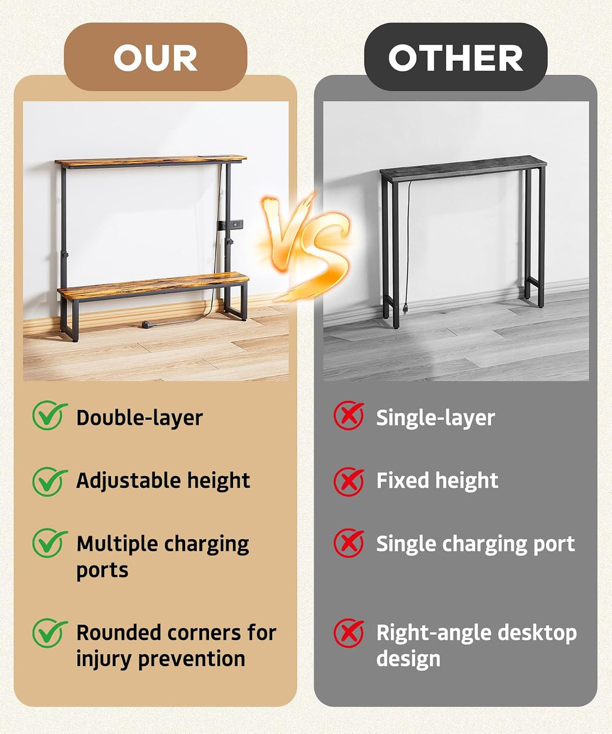 Homde 2-Tier Narrow Console Table with Outlets and Adjustable Height - 6-Homde