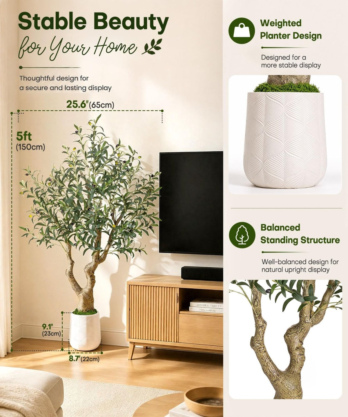 Decoway Artificial Olive Tree with White Planter, Multiple Heights-5ft-32-Homde