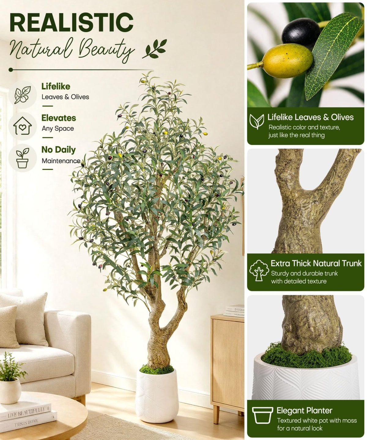 Decoway Artificial Olive Tree with White Planter, Multiple Heights-5ft-24-Homde