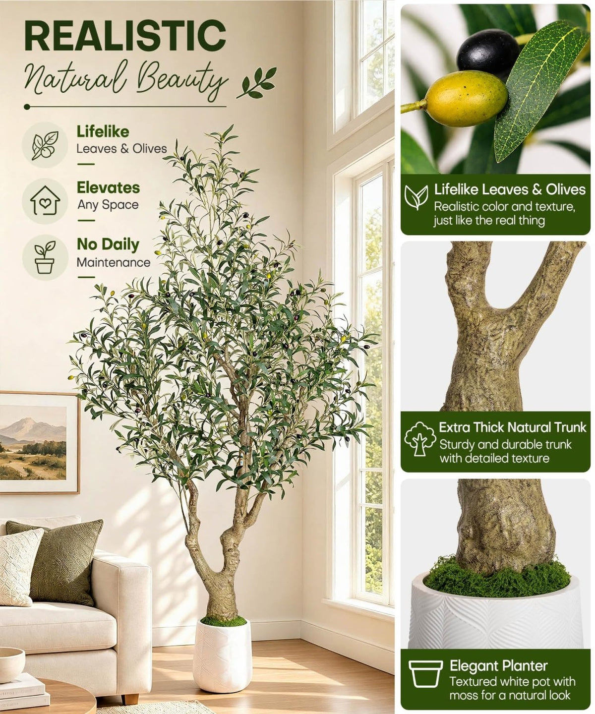 Decoway Artificial Olive Tree with White Planter, Multiple Heights-5ft-16-Homde