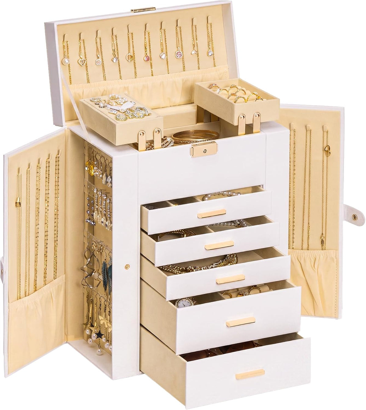 Homde Large Jewelry Box for Women: 6-Layer Organizer with Deep Drawers-White-1-Homde