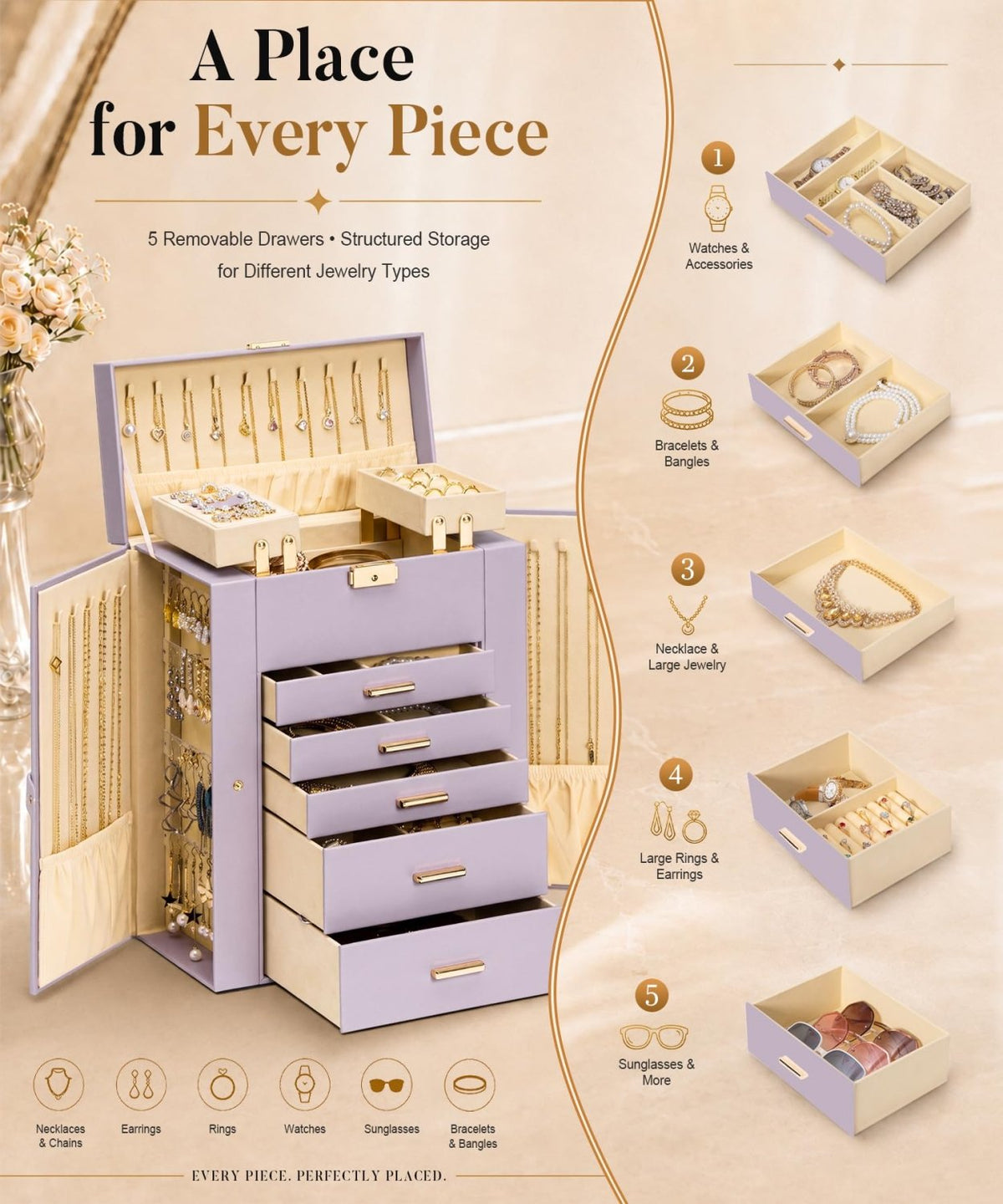 Homde Large Jewelry Box for Women: 6-Layer Organizer with Deep Drawers-Grey Purple-24-Homde