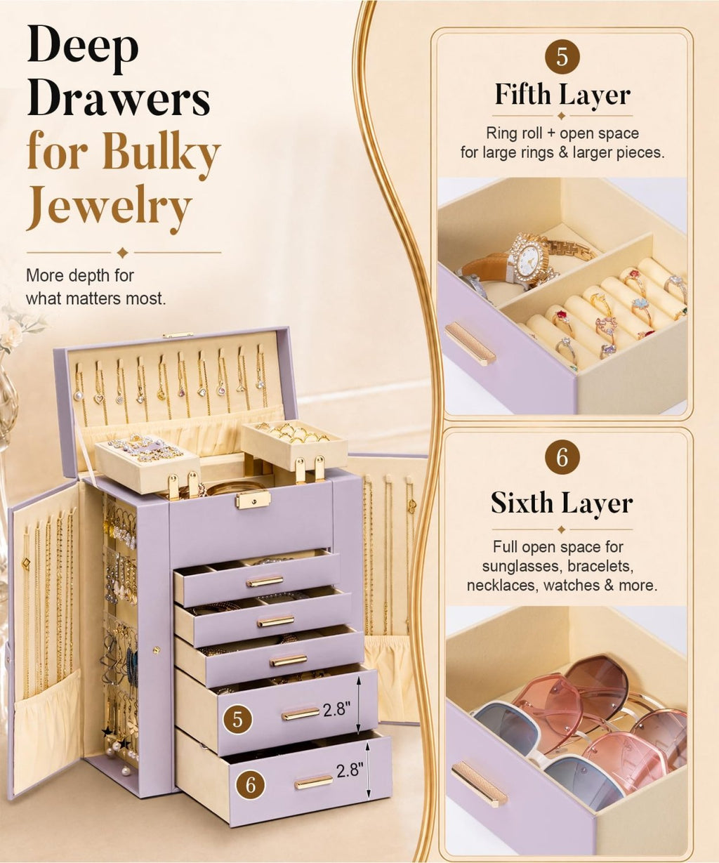 Homde Large Jewelry Box for Women: 6-Layer Organizer with Deep Drawers-Grey Purple-27-Homde