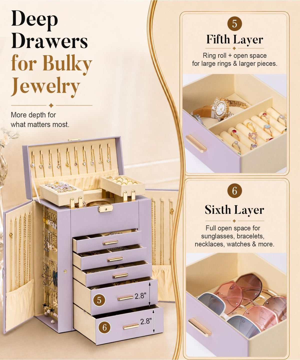 Homde Large Jewelry Box for Women: 6-Layer Organizer with Deep Drawers-Grey Purple-27-Homde
