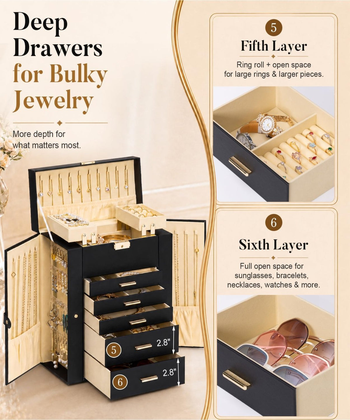 Homde Large Jewelry Box for Women: 6-Layer Organizer with Deep Drawers-Grey Purple-19-Homde