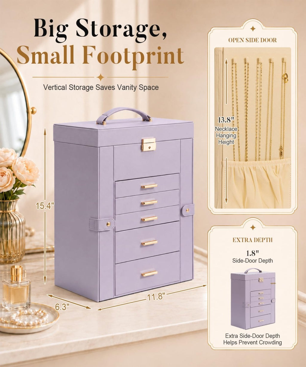 Homde Large Jewelry Box for Women: 6-Layer Organizer with Deep Drawers-Grey Purple-25-Homde