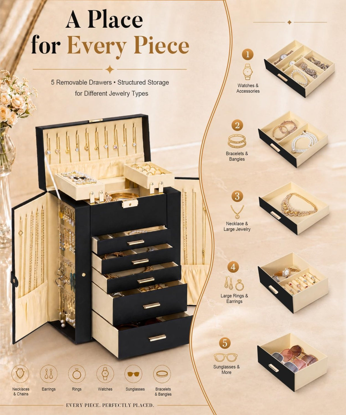 Homde Large Jewelry Box for Women: 6-Layer Organizer with Deep Drawers-Grey Purple-16-Homde