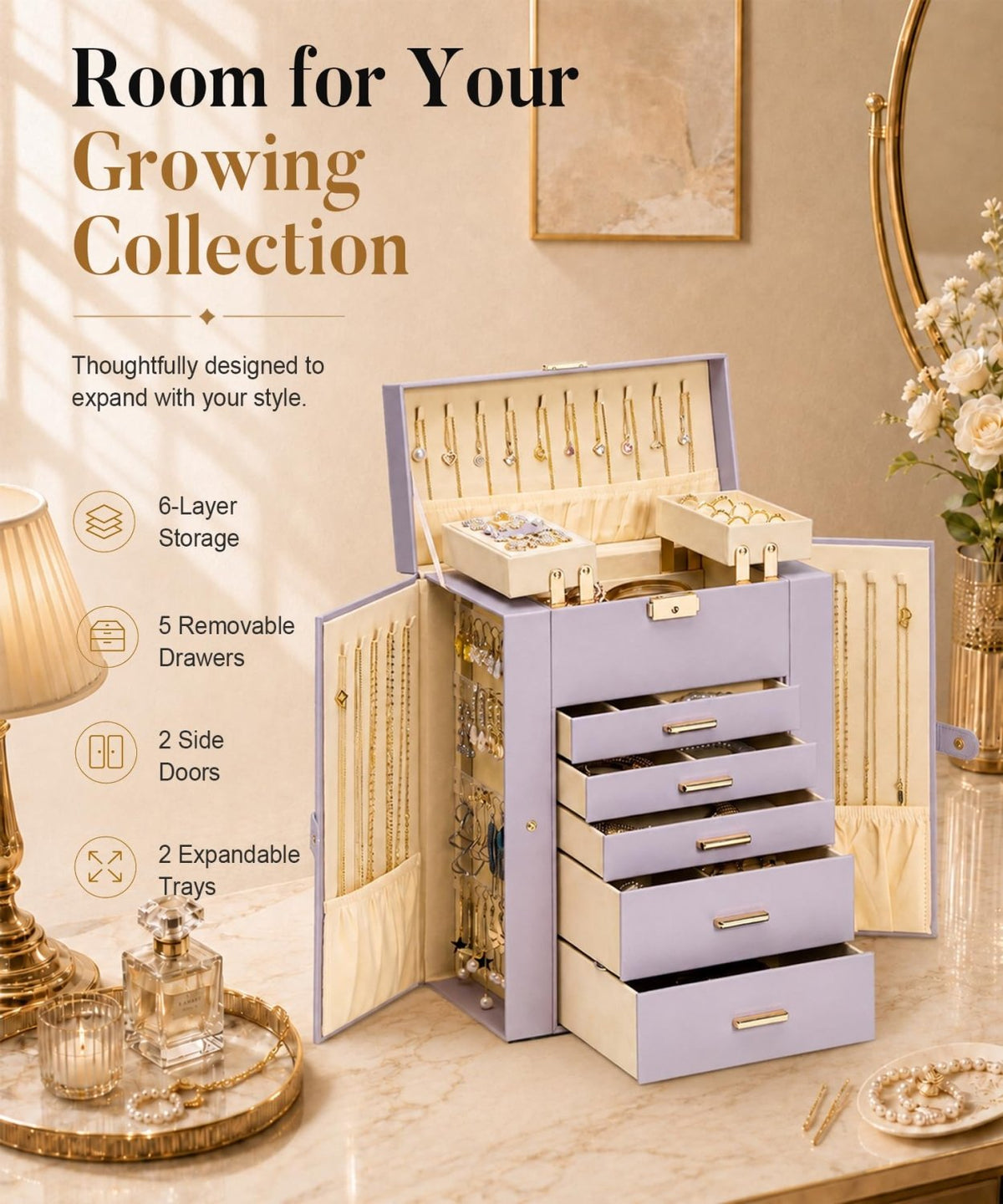 Homde Large Jewelry Box for Women: 6-Layer Organizer with Deep Drawers-Grey Purple-22-Homde