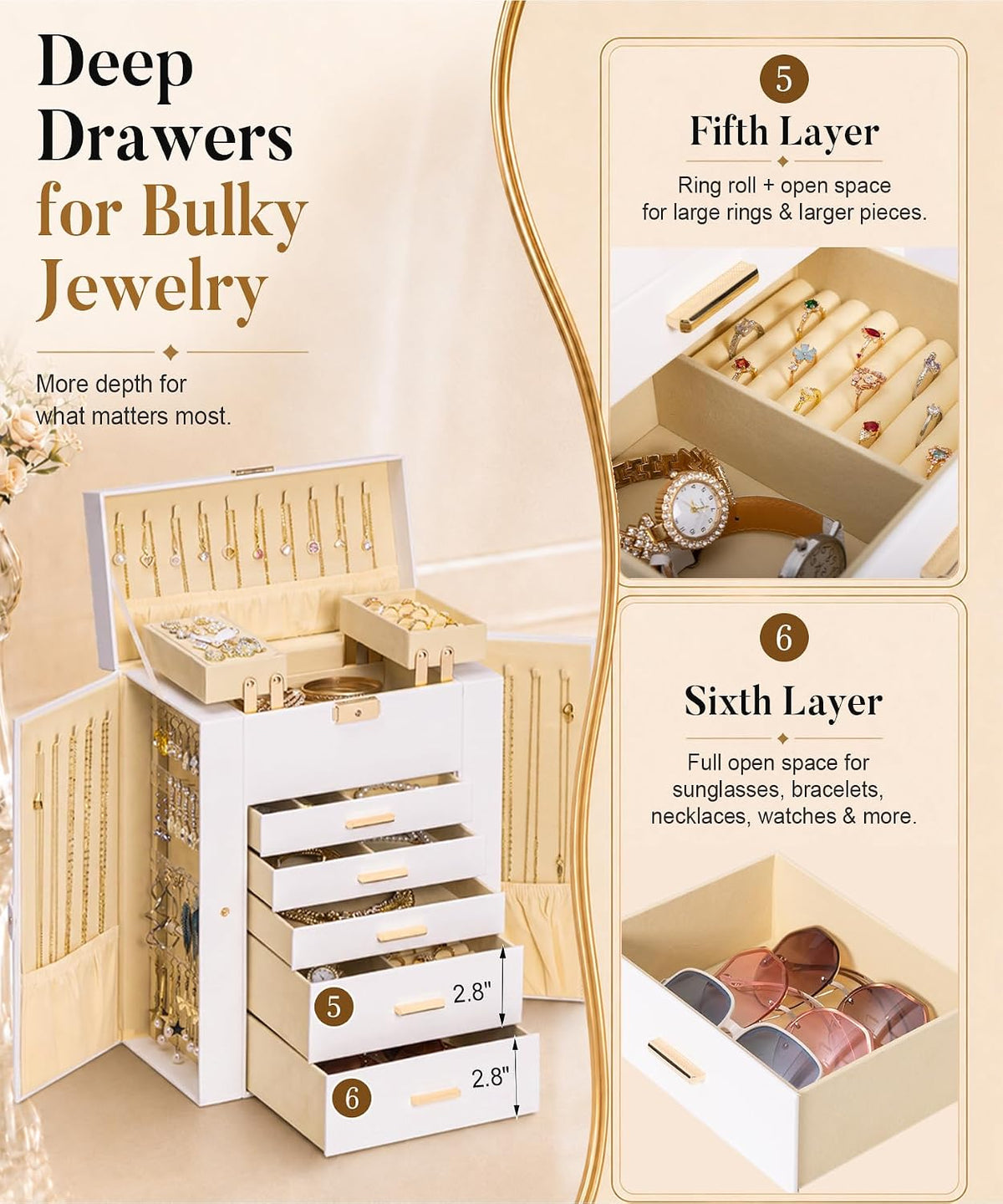 Homde Large Jewelry Box for Women: 6-Layer Organizer with Deep Drawers-Grey Purple-11-Homde