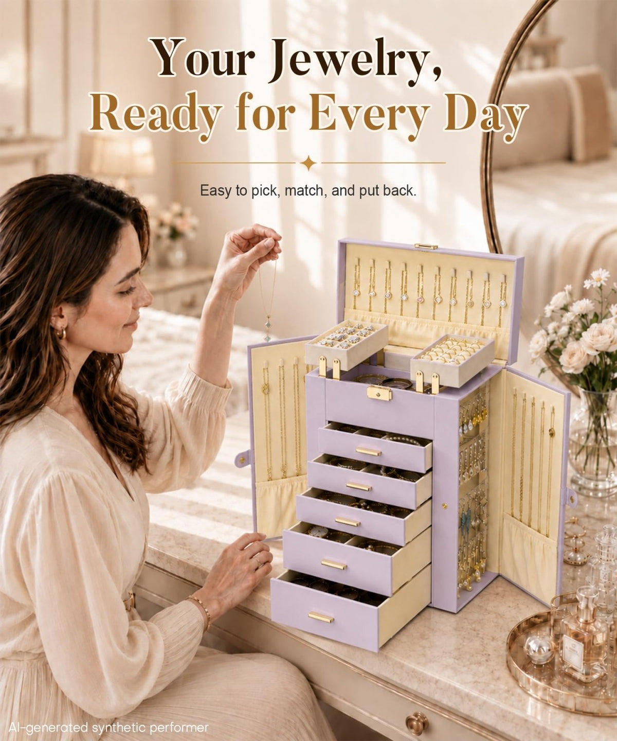 Homde Large Jewelry Box for Women: 6-Layer Organizer with Deep Drawers-Grey Purple-21-Homde