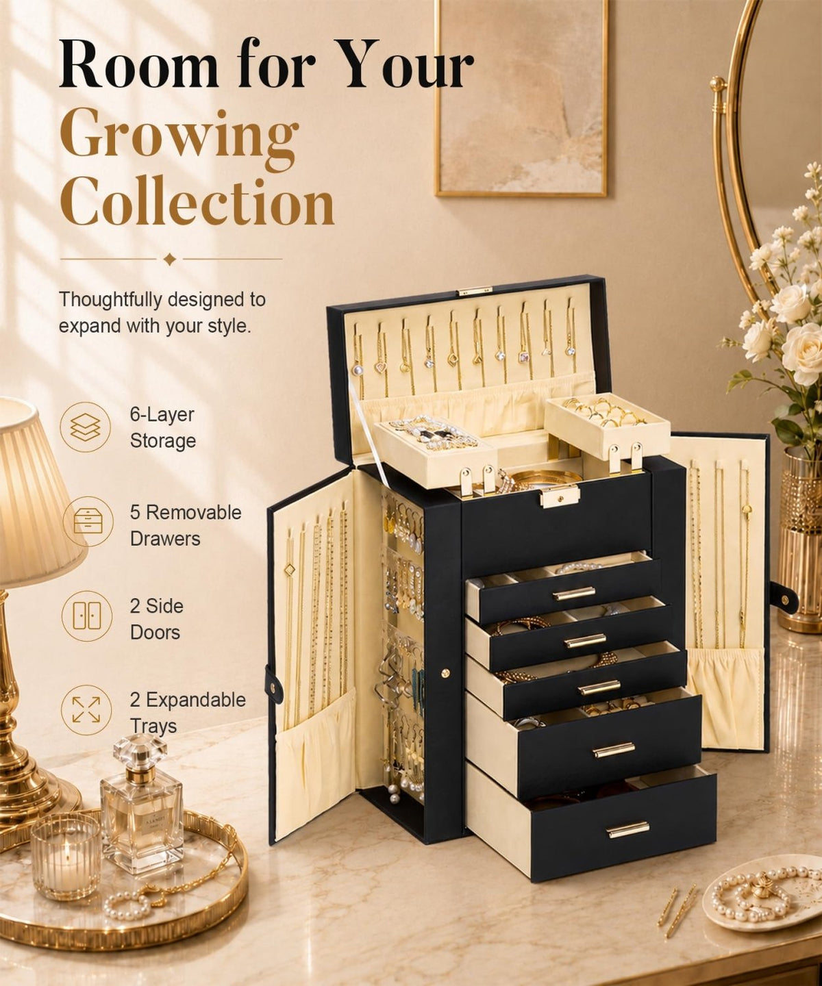 Homde Large Jewelry Box for Women: 6-Layer Organizer with Deep Drawers-Grey Purple-14-Homde