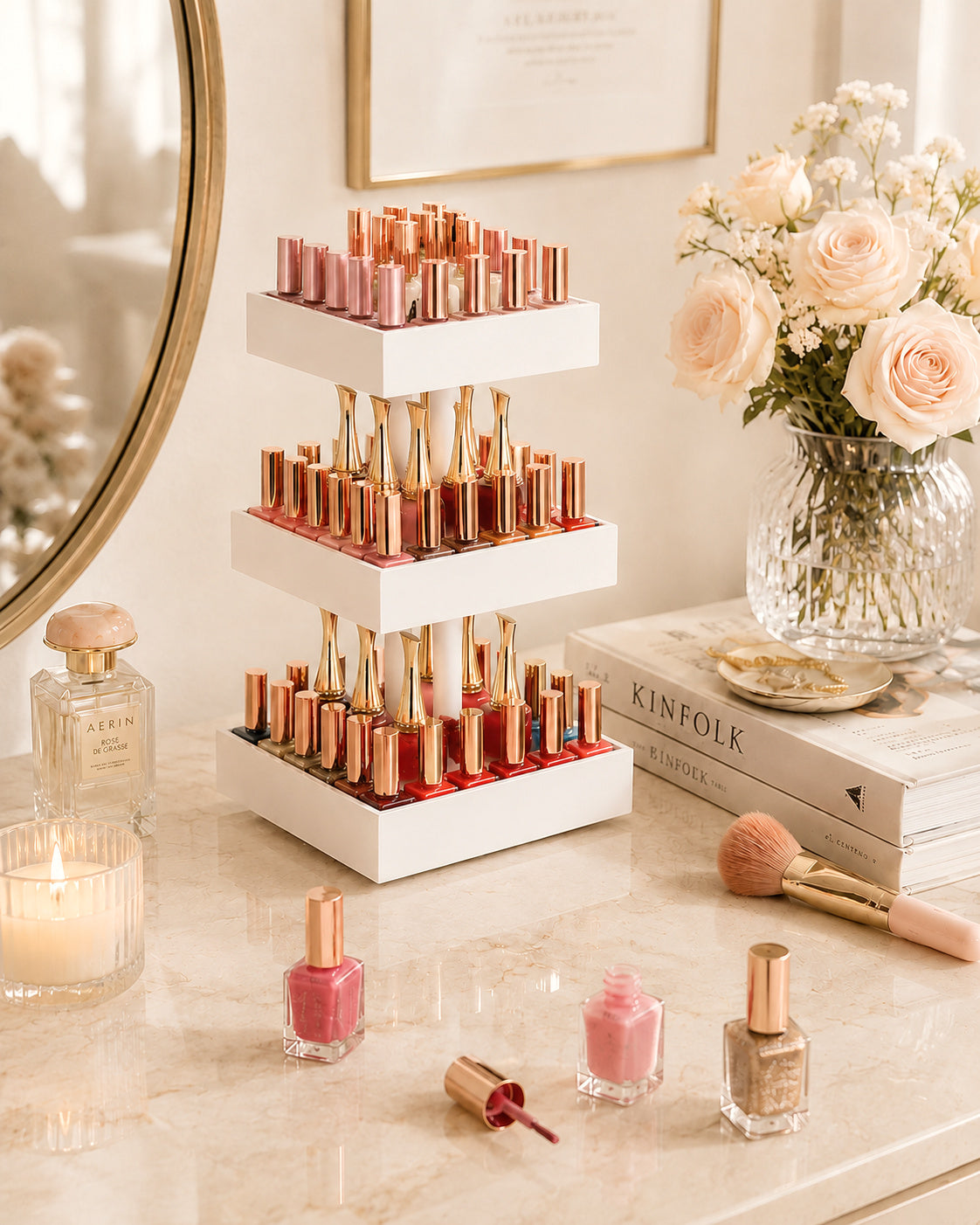 Elegant makeup organization setup featuring a tiered cosmetic organizer with beauty products, perfume, flowers, and a warm minimalist vanity space