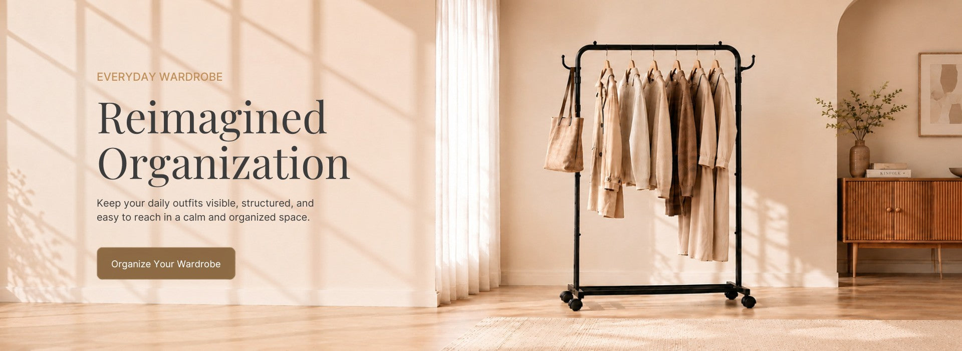 A beautifully styled wardrobe space showcasing organized clothing storage, neutral tones, and a calm minimalist home environment inspired by intentional living