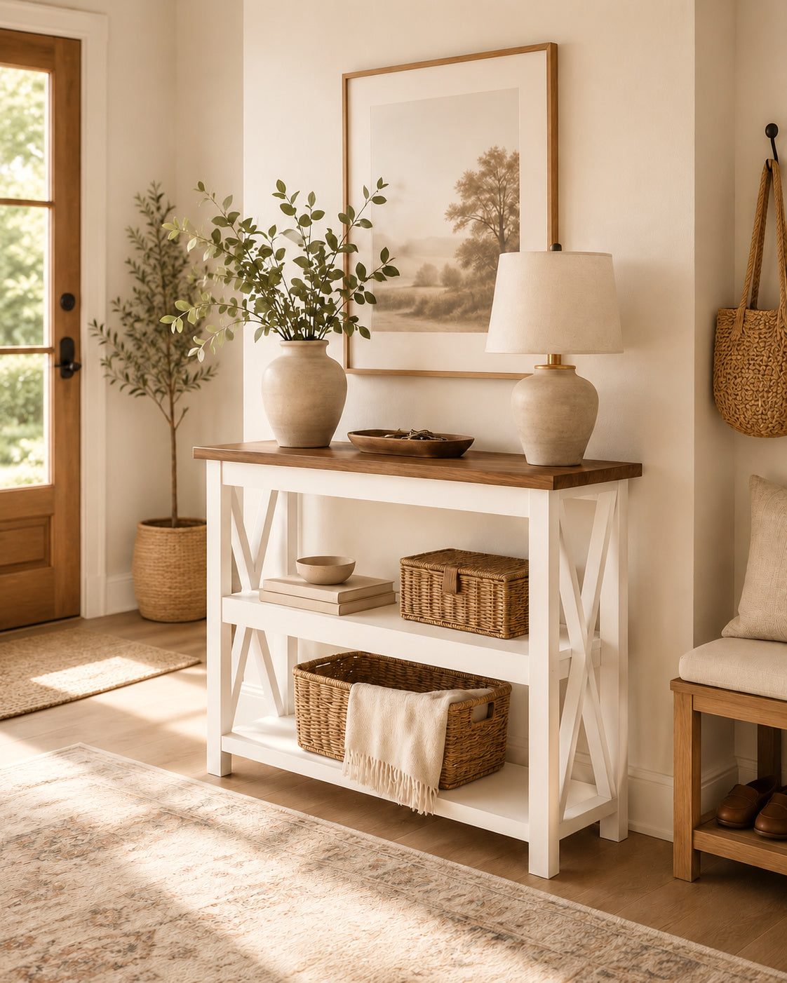 Modern entryway interior featuring a white console table with a wooden top, woven baskets, decorative vase, table lamp, and framed wall art in a warm, minimalist home setting. Natural sunlight creates a cozy atmosphere with neutral tones and organized storage details.