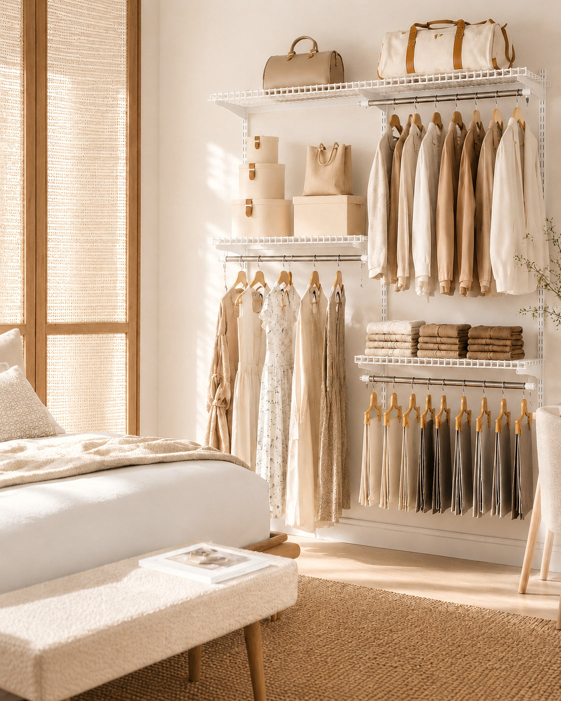 Modern closet organization system featuring open wardrobe shelving, hanging clothes, folded linens, and neutral home decor in a warm minimalist bedroom.