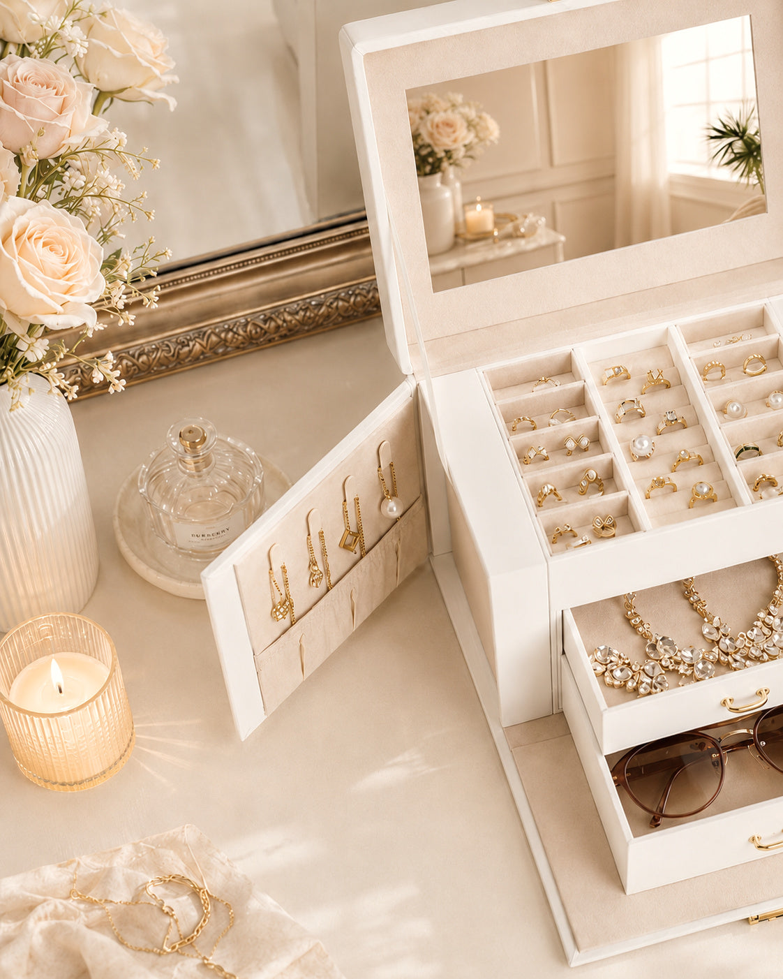 A beautifully styled jewelry organization space showcasing an elegant jewelry box, refined details, and a calm feminine interior inspired by intentional living.