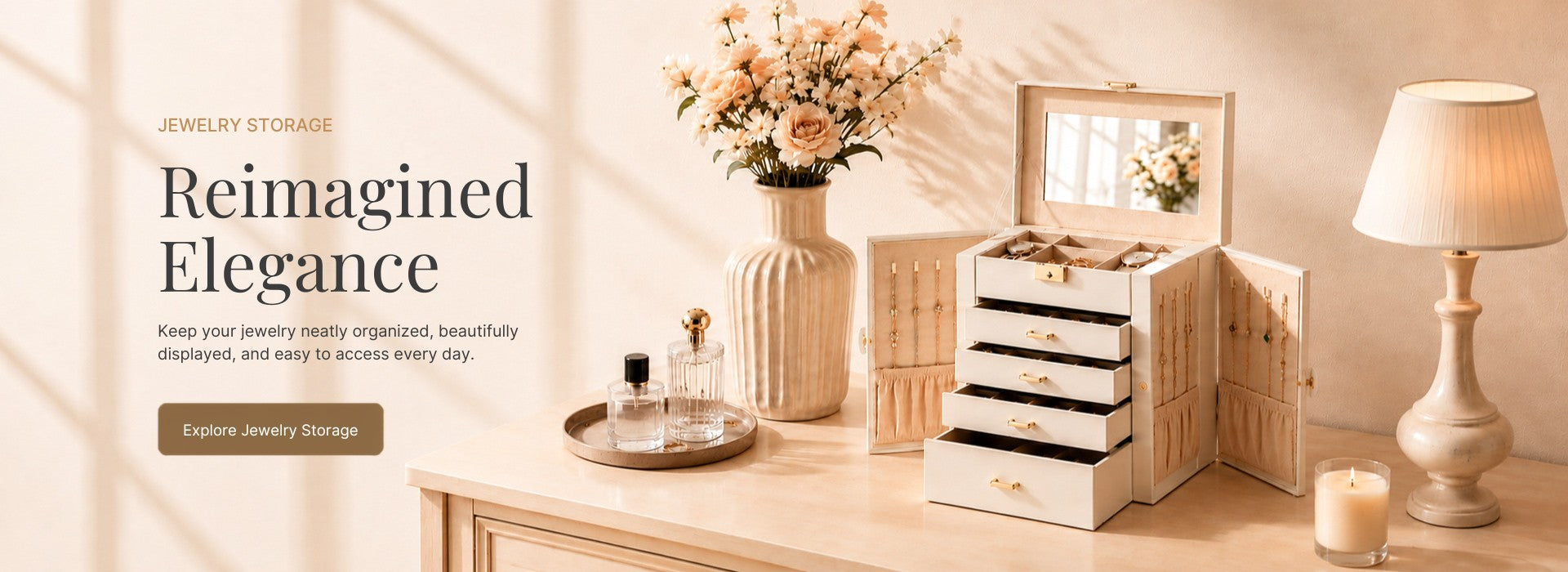 Elegant jewelry storage setup featuring a white jewelry organizer on a vanity table with flowers, soft lighting, and a warm minimalist interior design