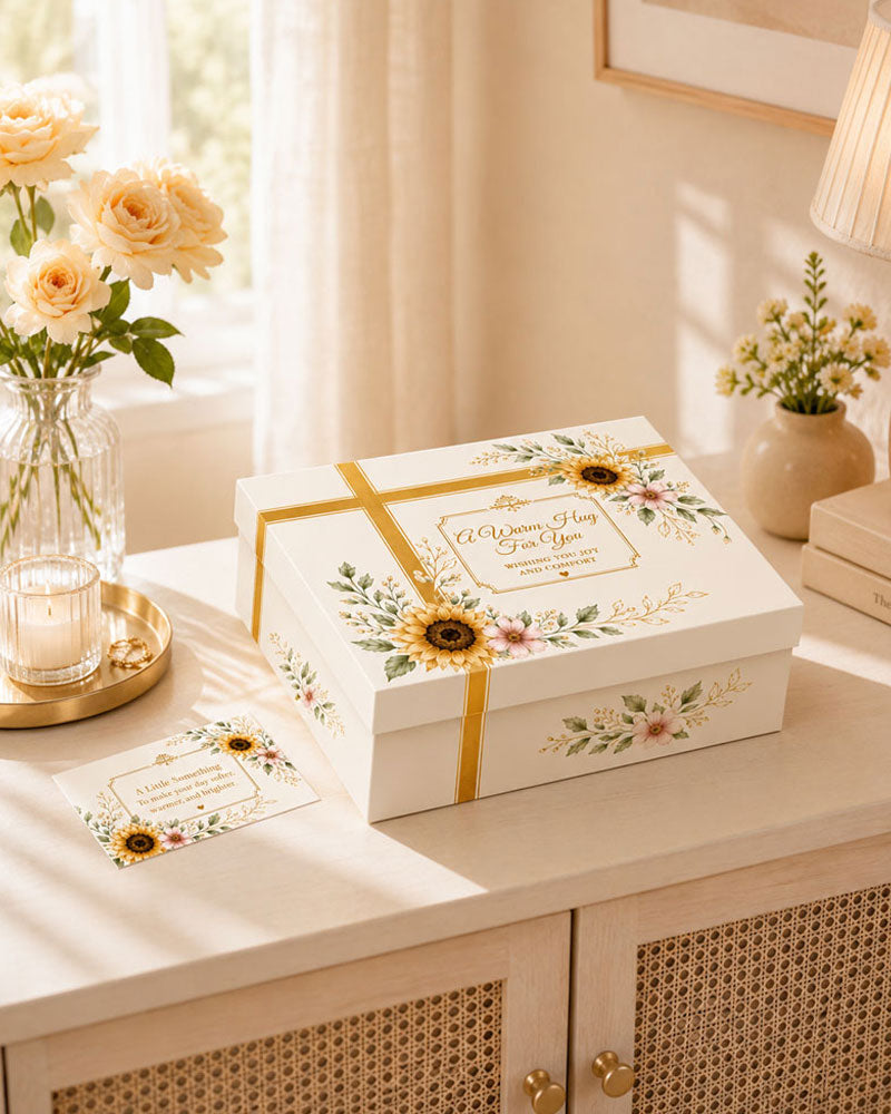 A white rectangular gift box with floral sunflower and leaf illustrations, tied with a gold ribbon, sits on a light wood cabinet in a softly lit room. A matching card lies beside it, with flowers and a lamp visible in the background.