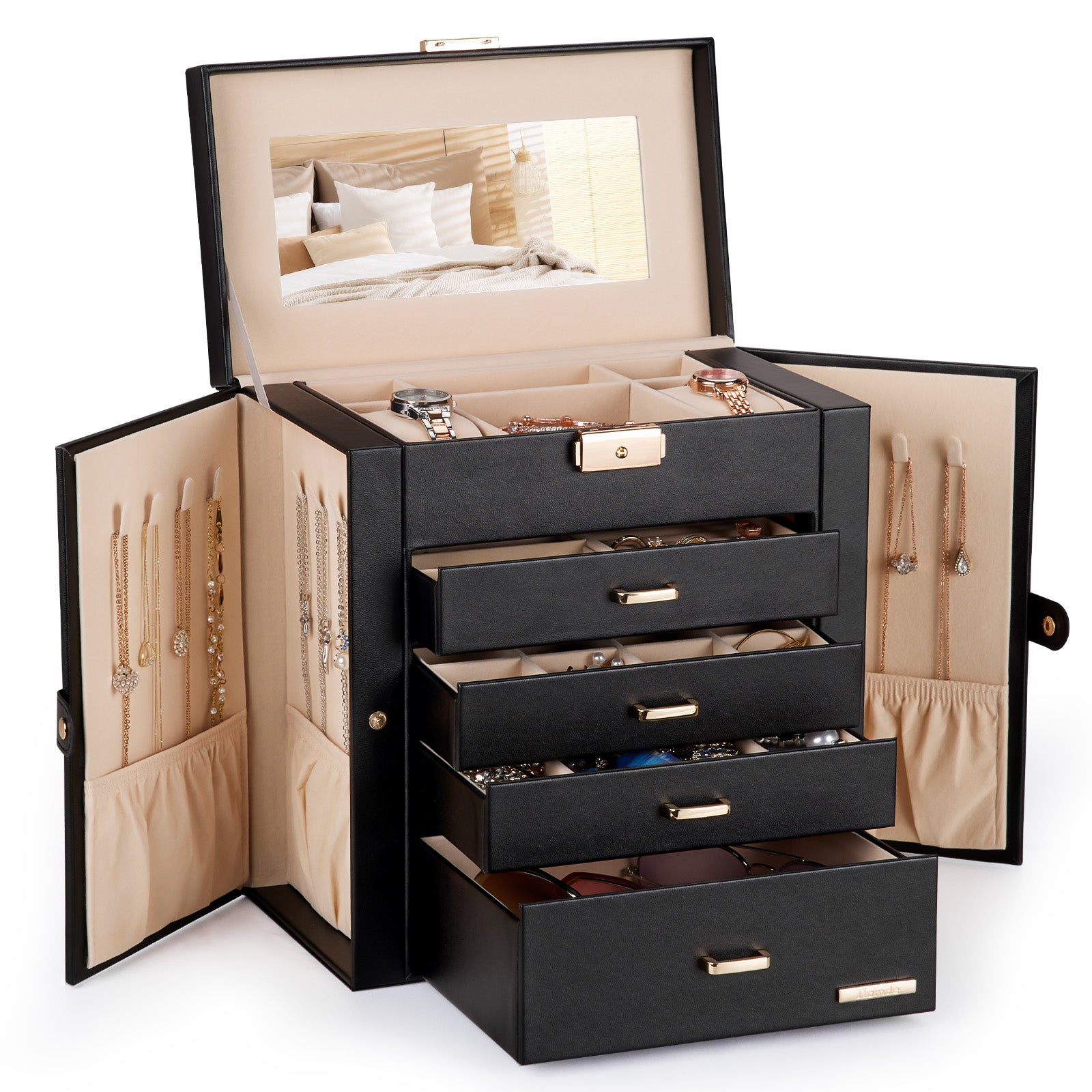 Homde Large Jewelry and Watch Box with Mirror, Lock and 4 Drawers-Homde